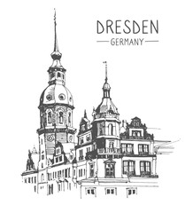 Vector sketch of Dresden, Germany. Historical building line art. Freehand drawing. Hand drawn travel postcard. Hand drawing of Dresden. Urban sketch in black color isolated on white background.