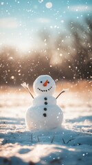 Obraz premium Cheerful snowman with a big smile in a winter wonderland, welcoming the festive New Year and Christmas season.