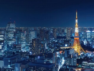 Obraz premium nighttime cityscape showcases towering high-rise buildings shimmering with lights, reflecting urban life and energy against a dark sky, highlighting modern architecture and vibrant city life