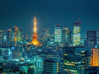 nighttime cityscape showcases towering high-rise buildings shimmering with lights, reflecting urban life and energy against a dark sky, highlighting modern architecture and vibrant city life