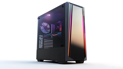 A black computer case with red lights and a fan.

