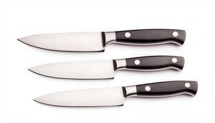 Fototapeta premium Professional stainless steel knife set with polished blades, isolated on a white background, showcasing sleek design and kitchen functionality