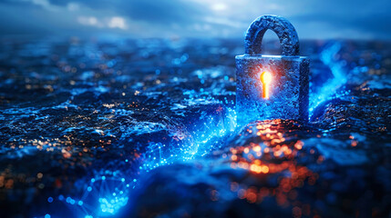 Sparkle blue light shining on master key and lock on the ground cracks in the lava. Cyber security technology lock digital padlock representing data encryption and network protection. Online privacy
