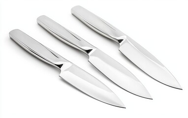 Fototapeta premium Set of stainless steel knives with polished blades, isolated on a white background, designed for precision and elegance in the kitchen