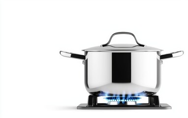 Shiny stainless steel pot with a lid, resting on a gas stove with visible blue flames, isolated on white, ideal for modern kitchen settings
