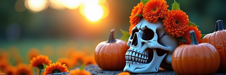 Decoración colorida para el Día de Muertos en México, que incluye calaveras, flores y calabazas, simbolizando la celebración y el recuerdo de los seres queridos.