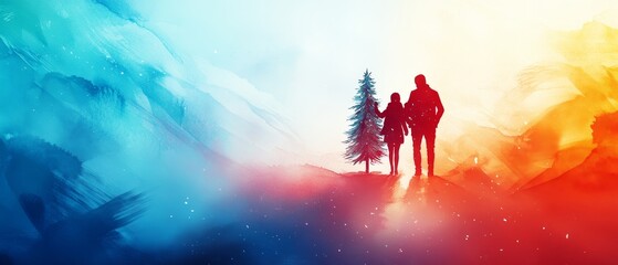 Fototapeta premium Family in Colorful Watercolor Landscape Illustration