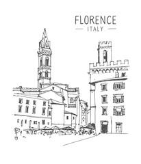 Vector sketch illustration of San Florence Square, Italy, Europe. Sketchy line art drawing with a pen on paper. Hand-drawn old town. Urban sketch in black color on white background. Freehand drawing.