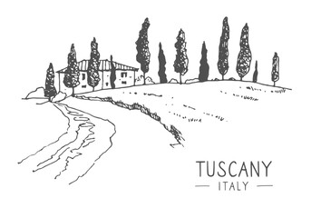 Travel sketch illustration of villa in Tuscany, Italy, Europe. Sketchy line art drawing with a pen on paper. Sketch in black color isolated on white background. Freehand drawing.