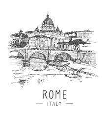 Vector sketch illustration of Metropolitan City of Rome, Italy. Sketchy line art drawing with a pen on paper. Urban sketch in black color on white background. Freehand drawing. Liner sketches of Rome.