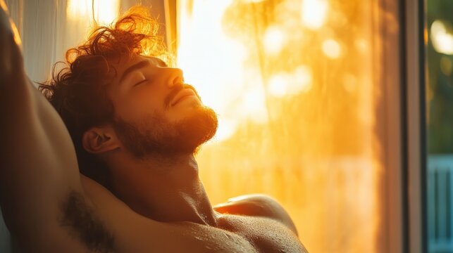 A shirtless man stands near a window, basking in warm sunlight with a content smile, as the sun casts a glowing, serene light over him.