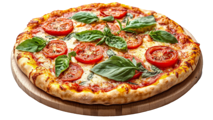 Freshly baked margherita pizza topped with basil and tomatoes on a wooden serving board
