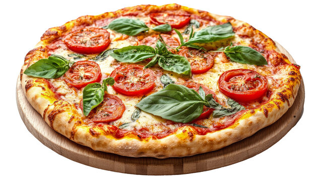 Freshly baked margherita pizza topped with basil and tomatoes on a wooden serving board