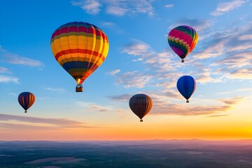 Obraz premium Colorful Hot Air Balloons Soaring High Above Majestic Landscape at Magical Sunset