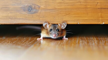 A curious mouse peeks from under the sofa on a quiet afternoon at home