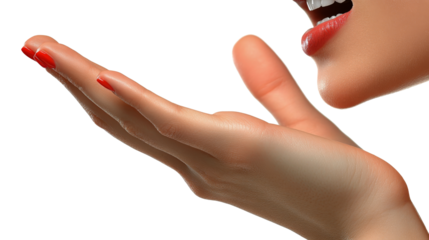 A woman blowing a kiss with vibrant red nails against a white background