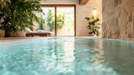 Fototapeta premium This luxurious indoor pool with a stone wall overlooks a lush garden, blending natural and chic elements, and features ambient lighting for a soothing experience.