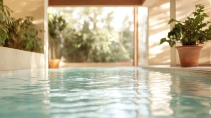 Fototapeta premium The indoor pool features serene turquoise water, surrounded by lush potted plants, basking in warm sunlight filtering through large windows, creating a tranquil atmosphere.