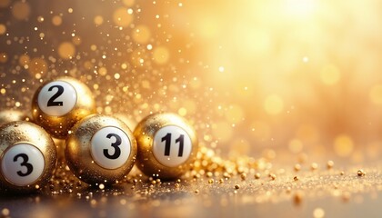 Golden lottery balls with numbers on sparkling background and copy space