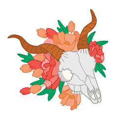 Cartoon print with bull skull decorated with flowers.Composition of dead animal with twisted horns and floral bouquet.Vector design isolated on white background.Wild west flat color illustration.