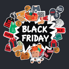 Cartoon poster template with Black Friday elements.Packages, gifts, tags, cart with goods, sales receipt, bank card, megaphone, hands,money,hand written.Vector stickers set.Flat color illustration.