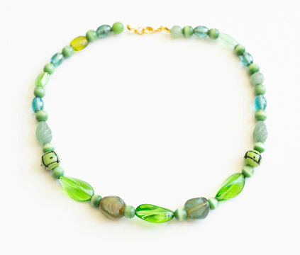 Colorful Glass Bead Necklace &ndash; Boho Style Jewelry Flatlay on White Background