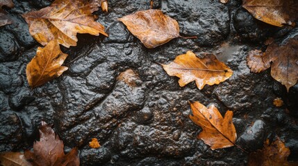 Obraz premium Fallen Autumn Leaves on a Wet Stone Surface