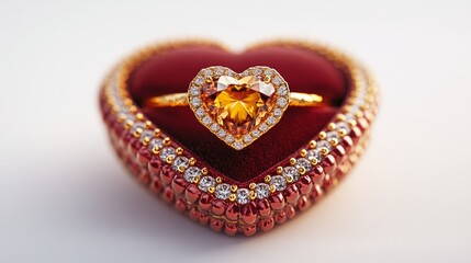 Fototapeta premium A heart-shaped ring displayed on a plush red cushion, symbolizing love and engagement.