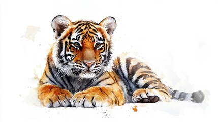 Fototapeta premium Tiger cub resting, serene expression, vibrant orange stripes, soft white background, lifelike illustration, peaceful gaze