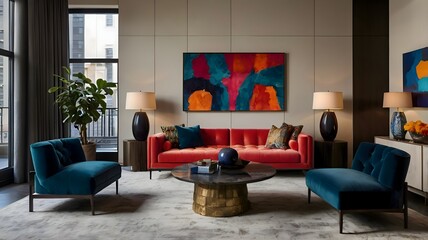 Showcase a contemporary apartment living room, highlighting a plush sofa, vibrant artwork against a dark backdrop, and a statement coffee table for an artistic flair.