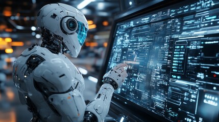 Fototapeta premium A humanoid robot interacts with a futuristic display of data and technology.