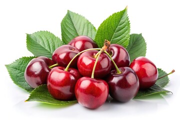 Extreme close-up of fresh cherries with leaves isolated on white background