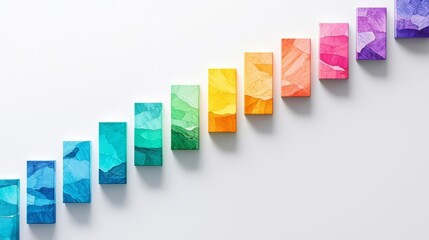 Colorful geometric blocks arranged in a gradient pattern, showcasing a variety of vibrant shades on a neutral background.