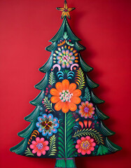 Obraz premium christmas, tree, red, close up, card, design, copy space, folk, retro, bohemian, decoration, holiday, xmas, christmas tree, winter, celebration, ornament, star,, with, on, solid, background, ad, gift