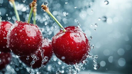 Dynamic water splashes around a cluster of vibrant red cherries, creating a refreshing, energetic scene perfect for a symbol of health and vitality.