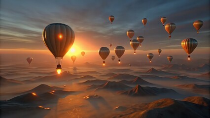 Naklejka premium Hot Air Balloons Soaring Over Foggy Mountain Ranges at Sunset