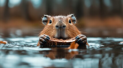 This charming image captures a capybara partially submerged in water, gripping a piece of coconut shell. The quiet setting exudes peace and simplicity in nature.