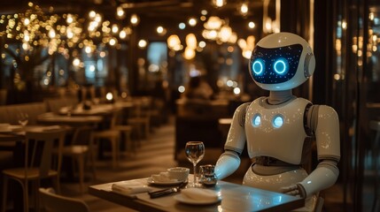 Obraz premium A humanoid robot serves at a stylish restaurant, showcasing technology in hospitality.