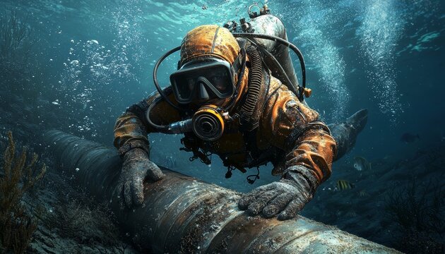 Diver working on a submerged pipeline in deep waters, underwater repairs, ocean engineering, scuba gear, detailed underwater scene