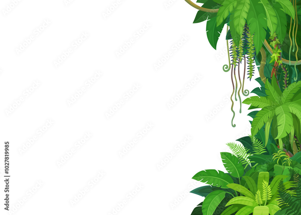 Wall mural tropical jungle lianas background border line. vector branches of forest palm trees, rainforest lian