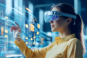 Woman Interacting with Futuristic Holographic Screens in Cityscape Showcasing Technology