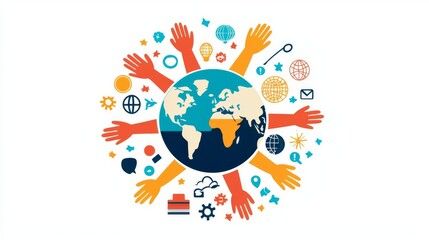 A colorful illustration featuring hands surrounding the Earth, symbolizing unity, collaboration, and global communication.