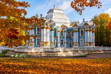 Hermitage pavilion and autumn foliage in Catherine park, Pushkin (Tsarskoe Selo), St. Petersburg,...