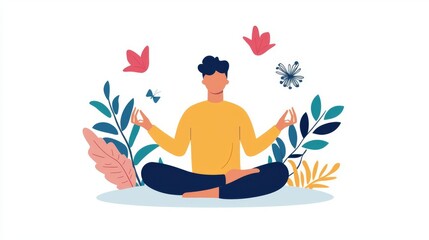 Obraz premium A serene illustration of a person meditating in nature, surrounded by plants and butterflies, promoting peace and mindfulness.
