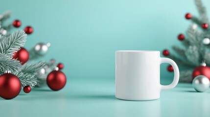 A white mug on a turquoise background, surrounded by festive decorations.