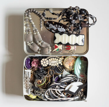 Metal Box Filled with Mixed Style Jewelry &ndash; Vintage and Heritage Collection