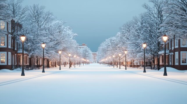 A winter street lined with snow-covered trees and lampposts under a serene sky.