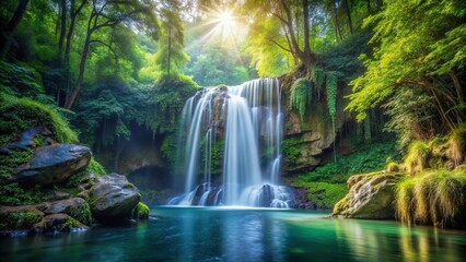 Fototapeta premium Enchanted forest waterfall with magical lights