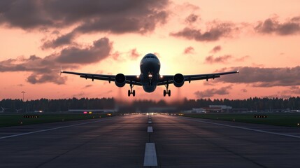 Airplane taking off at sunset