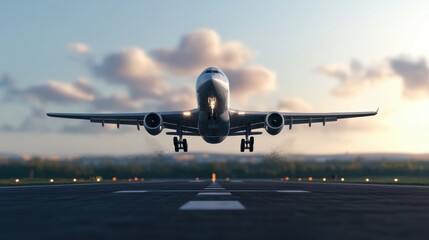 Airplane taking off from runway at sunset